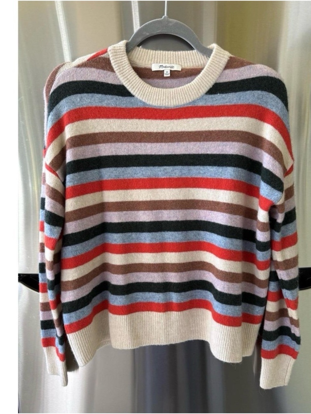 Madewell Cream Striped Crewneck Sweater with Red, Blue, Black & Brown Stripes